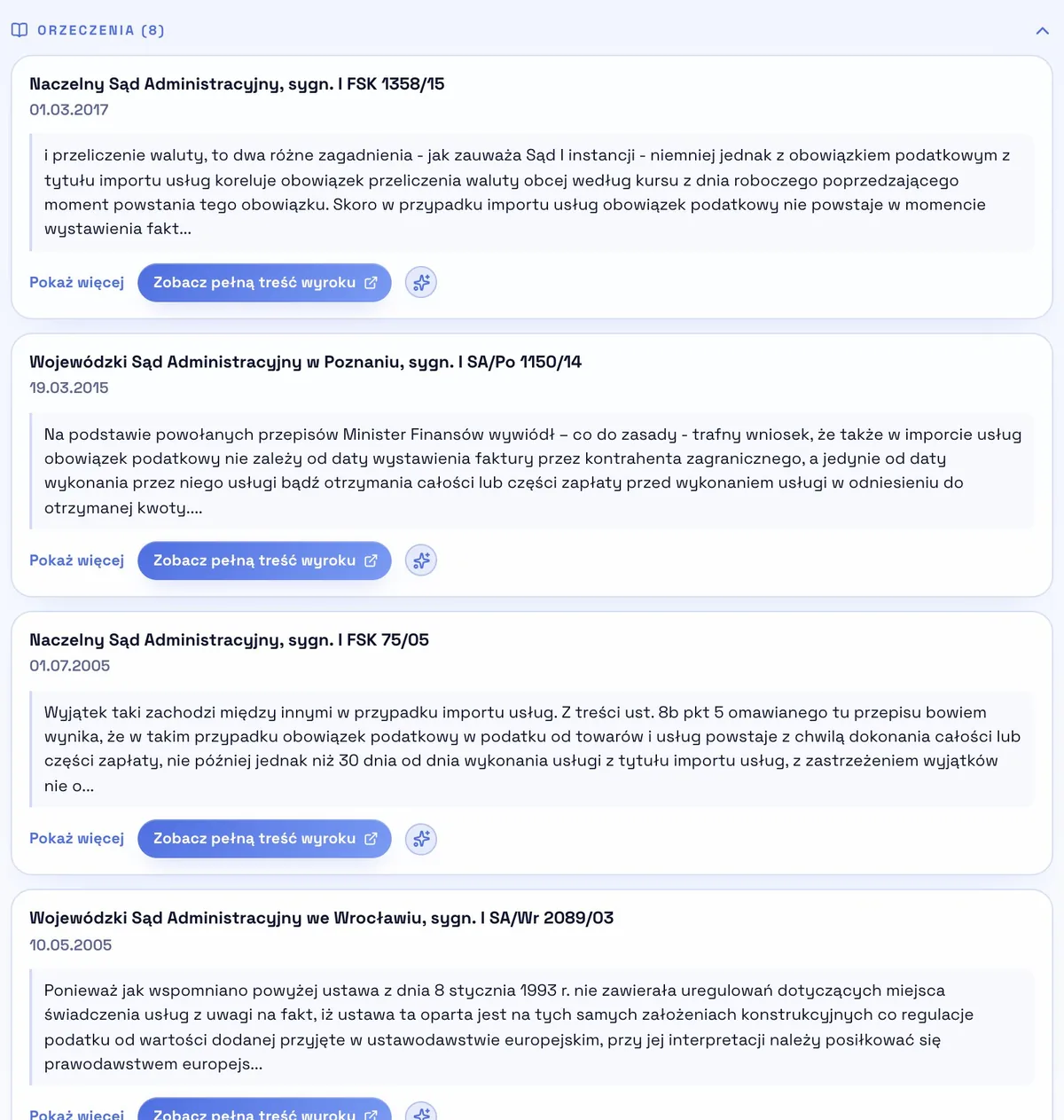 Wyroki NSA i WSA z fragmentami uzasadnień w odpowiedzi PrawoAI.