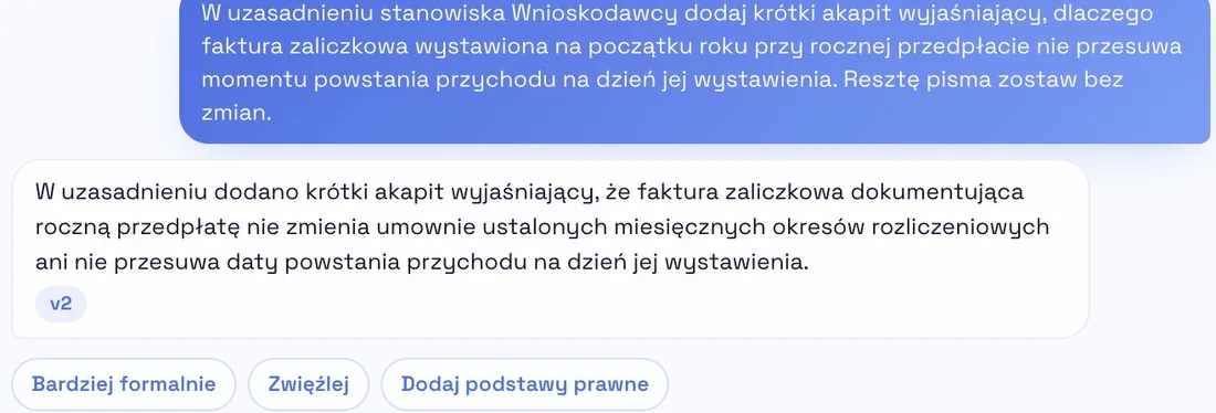 Poprawka w mini-czacie pisma: prośba o krótki akapit o fakturze zaliczkowej w uzasadnieniu i odpowiedź z wersją 2.