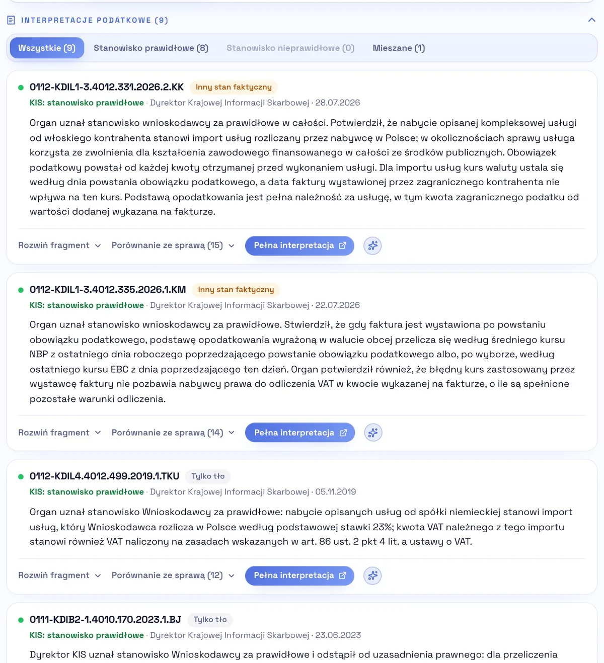 Lista interpretacji z oznaczeniami: inny stan faktyczny, tylko tło, stanowisko prawidłowe.