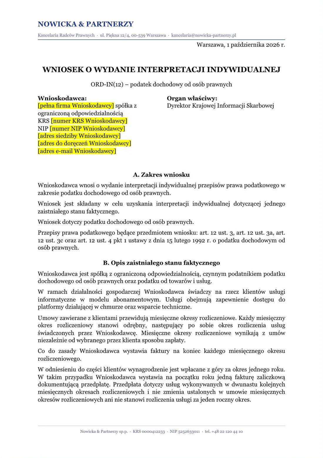 Strona 1 wniosku ORD-IN(12): dane wnioskodawcy do uzupełnienia na żółto, zakres wniosku i opis stanu faktycznego.