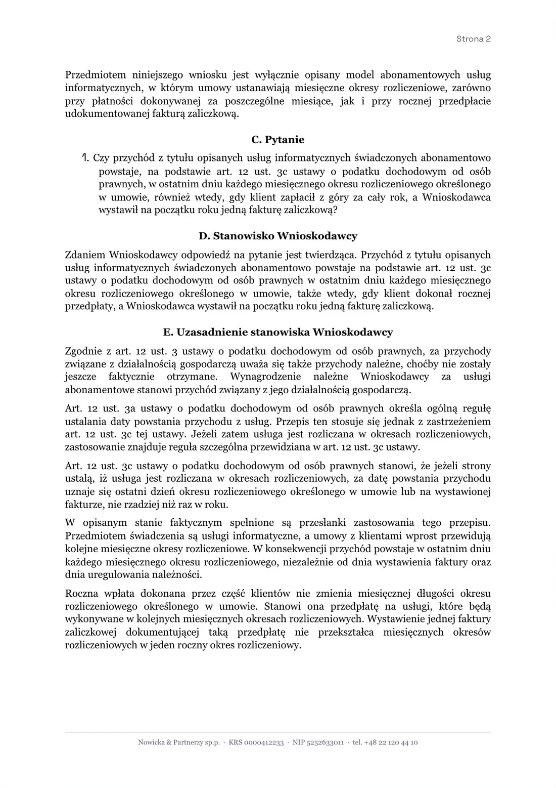 Strona 2: pytanie, stanowisko wnioskodawcy i początek uzasadnienia z art. 12 ust. 3c ustawy o CIT.