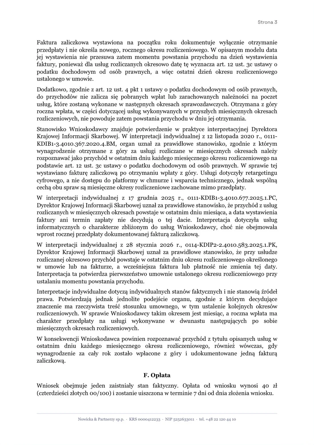 Strona 3: uzasadnienie z trzema interpretacjami Dyrektora KIS i opłata 40 zł.