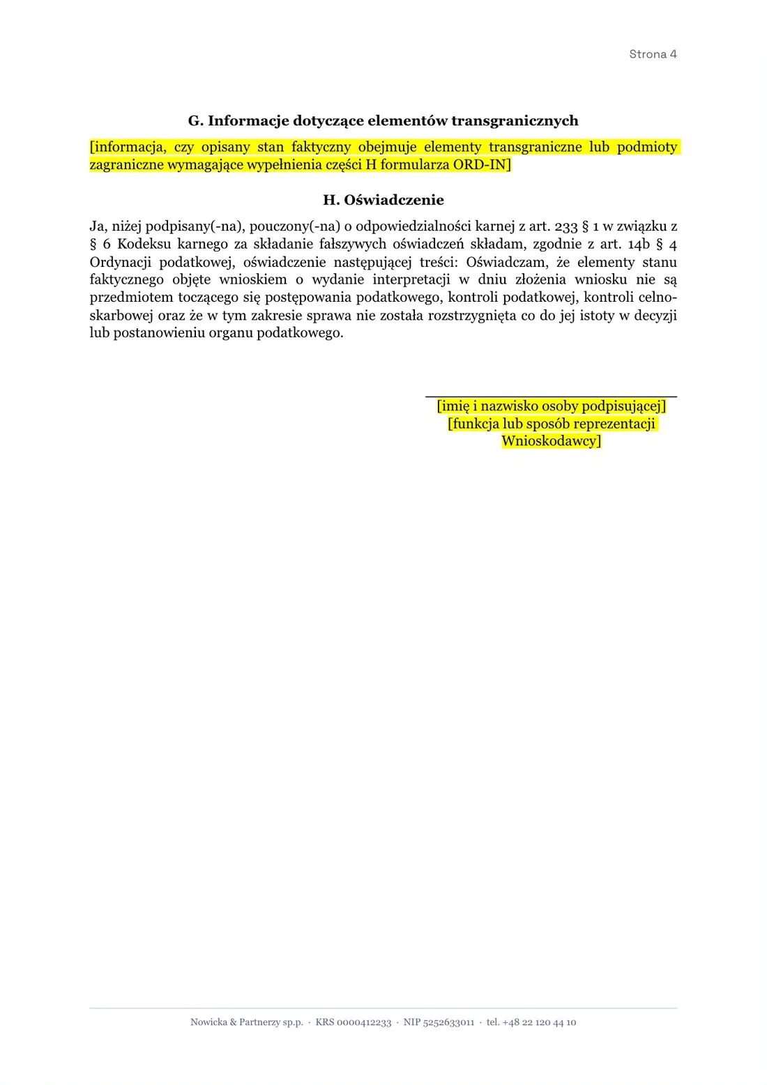 Strona 4: elementy transgraniczne do uzupełnienia i oświadczenie z art. 14b § 4 Ordynacji podatkowej.