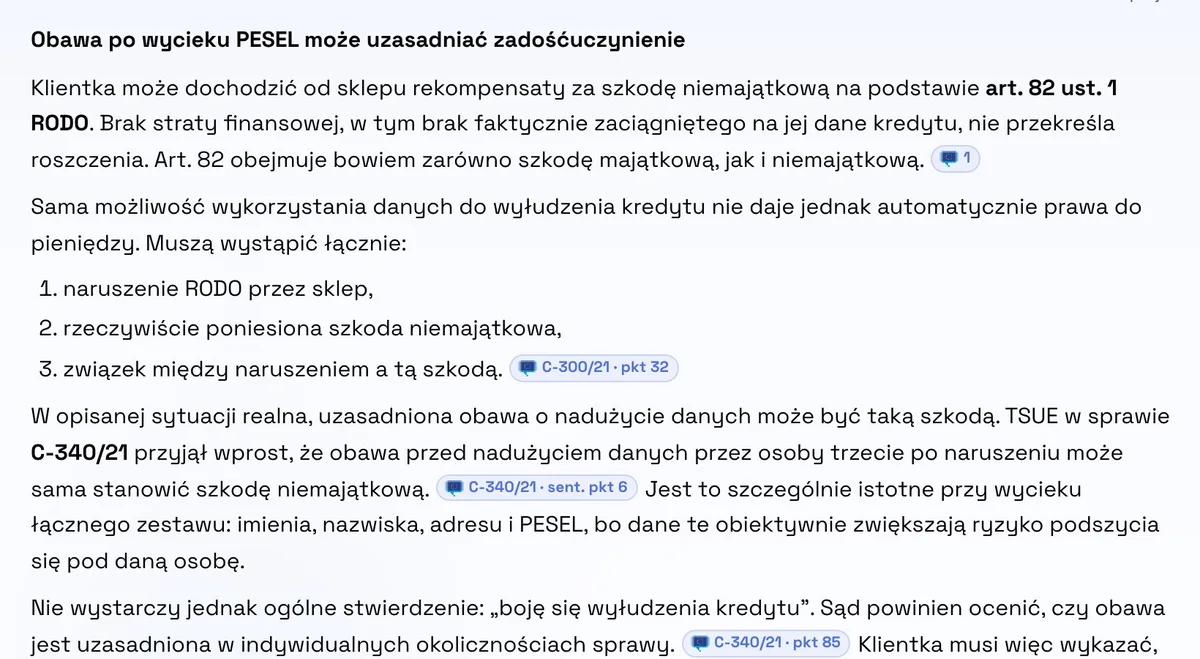 Odpowiedź PrawoAI z czipami wyroków TSUE C-300/21 pkt 32 i C-340/21 sentencja pkt 6 przy zdaniach.