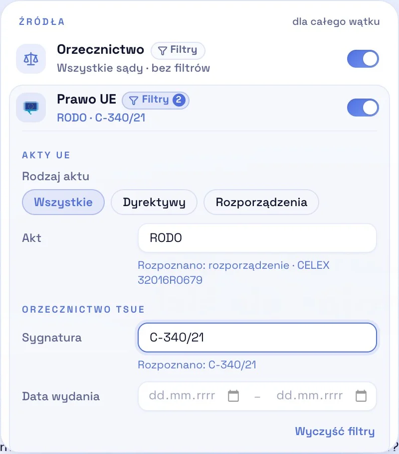 Panel źródeł z rozwiniętym wierszem Prawo UE: akt RODO rozpoznany jako rozporządzenie CELEX 32016R0679, sygnatura C-340/21 rozpoznana.
