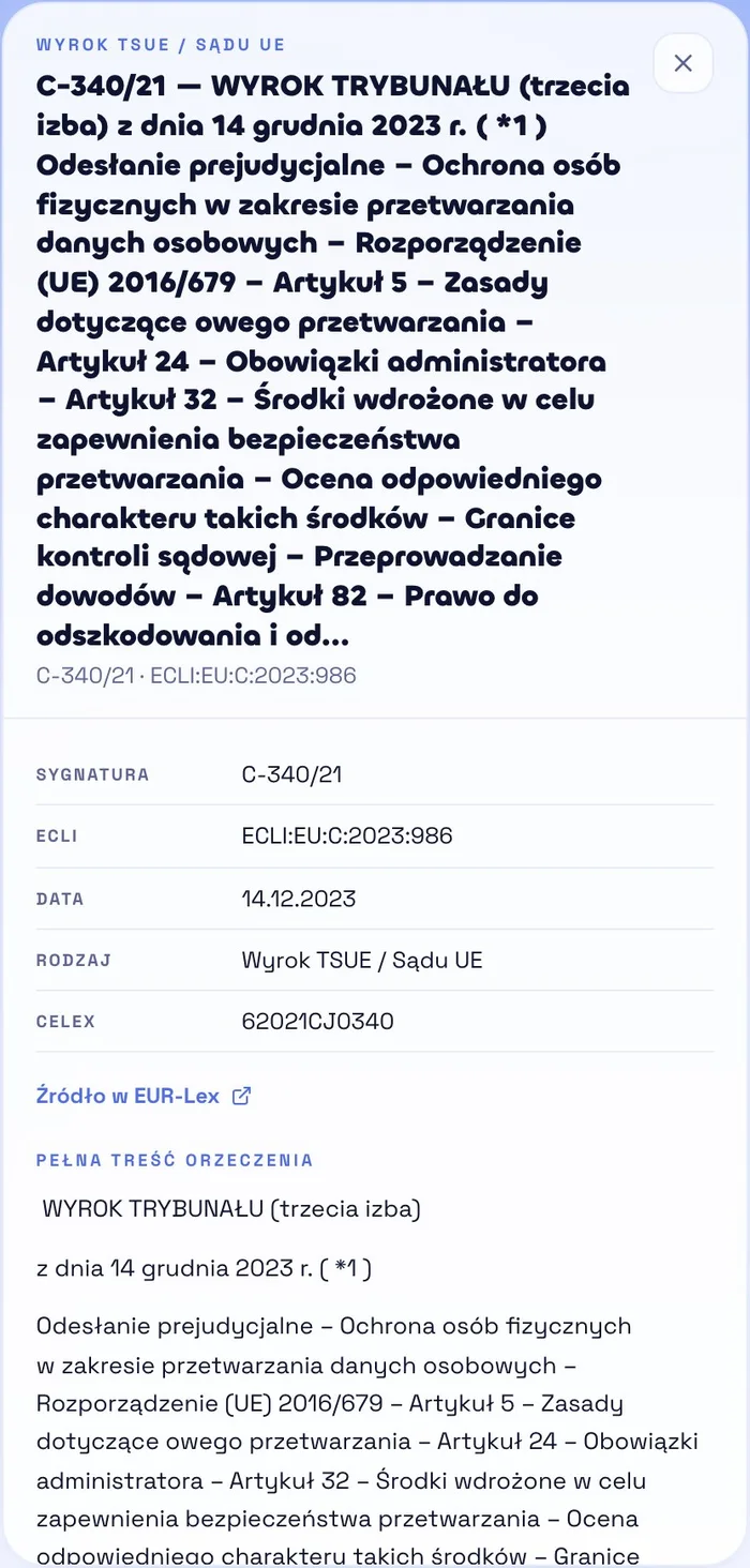 Panel z pełnym tekstem wyroku C-340/21: sygnatura, ECLI:EU:C:2023:986, data 14.12.2023, CELEX 62021CJ0340.