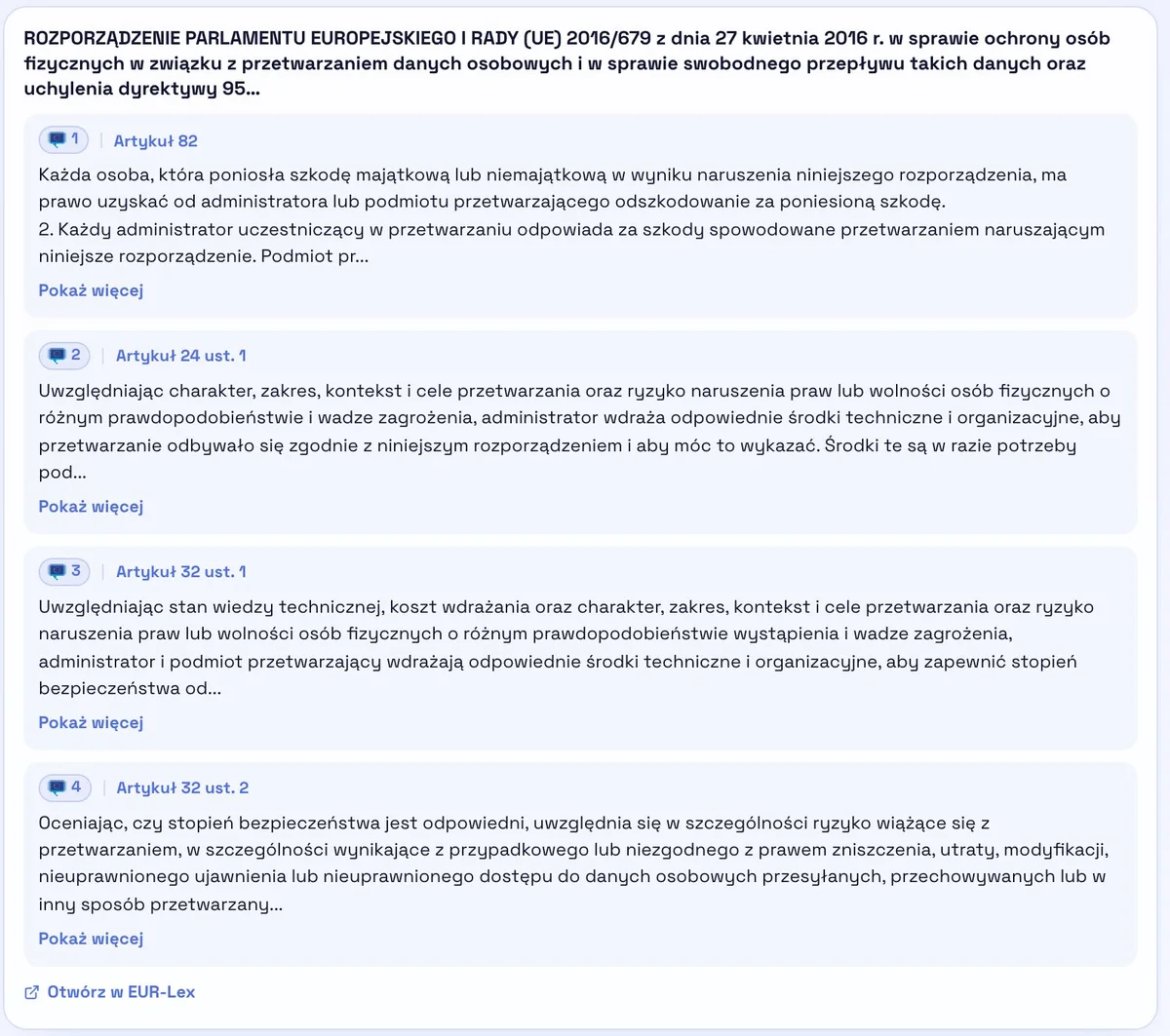 Karta rozporządzenia 2016/679 z treścią art. 82, art. 24 ust. 1, art. 32 ust. 1 i art. 32 ust. 2.